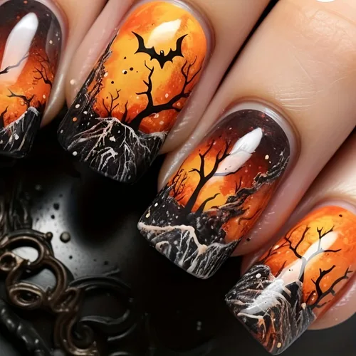 Miniatura 16 de Uñas postizas a presión de Halloween, uñas postizas cuadradas cortas con diseños de gato negro, acabado degradado brillante, cobertura completa