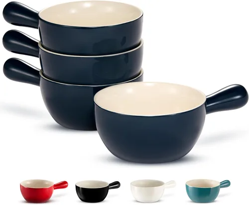 Miniatura 8 de Kook Cuencos de sopa de cebolla francesa, cuencos de cerámica apilables con asas, aptos para horno, microondas y lavavajillas, para cereales, sopas