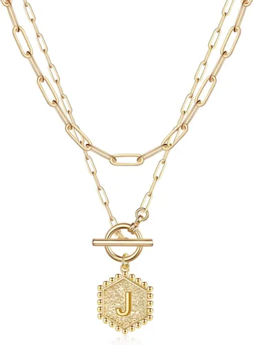 IEFWELL - Collares de oro en capas para mujer, cadena con eslabones tipo clip chapada en oro de 14 quilates, collar de oro con inicial y broche de