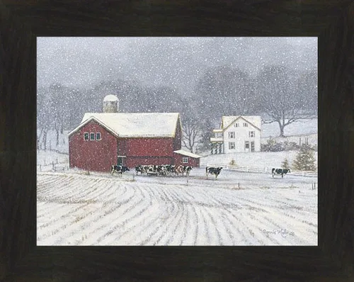 The Home Place por Bonnie Mohr - Impresión artística de granja lechera de vacas de ganado de 16 x 20 pulgadas, diseño de granero rojo y nieve de