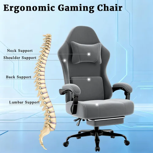 Miniatura 8 de Silla ergonómica para videojuegos, silla de videojuegos con soporte lumbar de masaje y reposapiés, silla de computadora de tela ajustable en altura