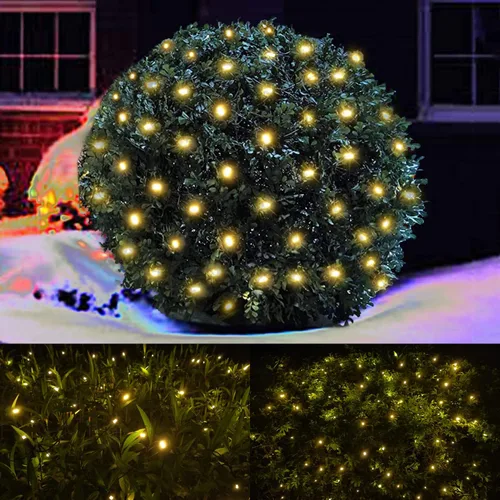 Miniatura 12 de HISHINY Red de luces LED rojas de Navidad para exteriores, cable verde de 100 luces LED de 5 x 5 pies, cable verde conectable para interiores y Rojo