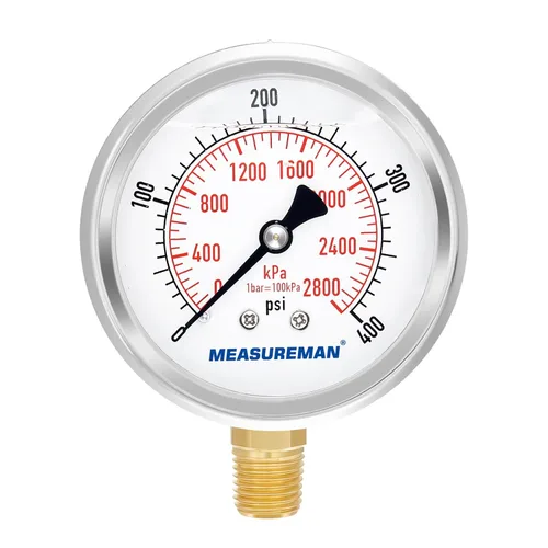 Miniatura 14 de MEASUREMAN - Manómetro de presión 1/4 NPT, manómetro de presión lleno de glicerina 0-100psi/kPa con esfera de 2.5 pulgadas y caja de acero
