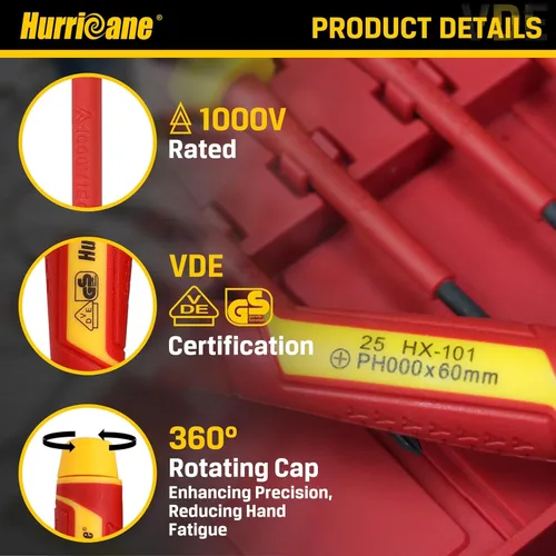 Miniatura 4 de HURRICANE Juego de destornilladores de precisión aislados de 6 piezas, destornilladores eléctricos pequeños certificados VDE de 1000 V con puntas