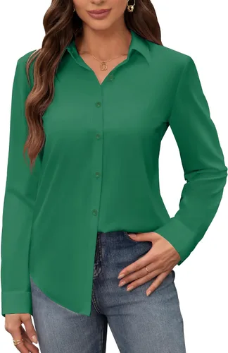 Miniatura 30 de Siliteelon - Camisas de vestir para mujer, a prueba de manchas, sin arrugas, de manga larga, sólidas, para trabajo y negocios, con botones