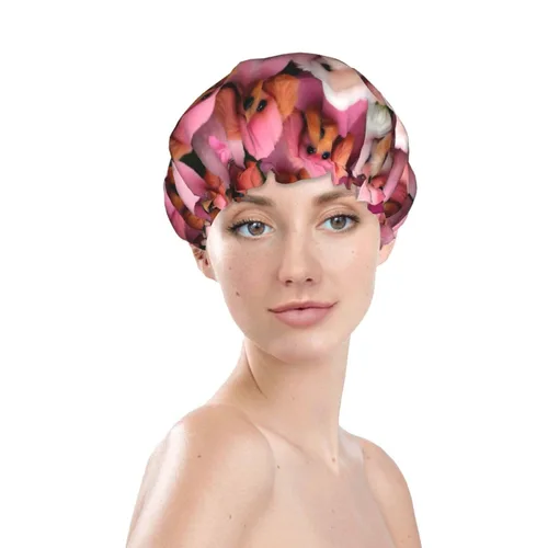 Miniatura 3 de Gorro de ducha reutilizable con estampado de cerdo rosa para mujer, doble capa impermeable, gorro de baño de secado rápido