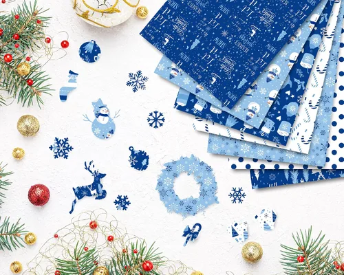 Miniatura 7 de Whaline 60 hojas de papel con patrón de invierno A5, tamaño 12 diseños de doble cara de copo de nieve de invierno, muñeco de nieve, oso, papel