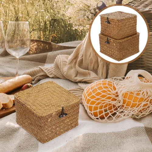 Miniatura 4 de Yardwe Cesta de almacenamiento tejida rectangular de la cubierta de la caja del tejido del pañuelo-ahorro de espacio