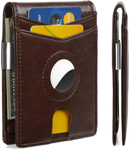 Huztencor AirTag - Cartera delgada para hombre con clip para dinero, bloqueo RFID, funda plegable para tarjetas de crédito para Apple Air Tag, Café