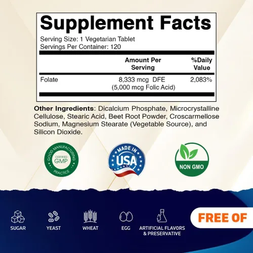 Miniatura 2 de Vitamatic Ácido fólico 5 mg (5000 mcg) – 120 tabletas vegetarianas por botella Paquete de 2 (total 240 tabletas) Vitamina B9 (Folato) Apoya