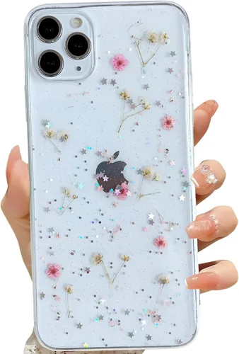 Miniatura 32 de LSEEKA Funda transparente para iPhone 13 Mini/iPhone 12 Mini con diseño de flores reales prensadas, con purpurina, bonito patrón floral blanco, Oro