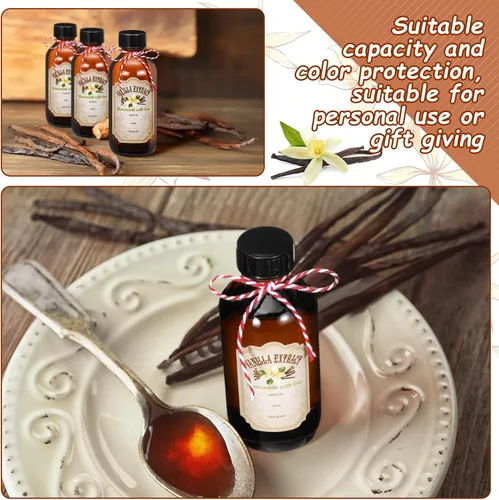 Miniatura 4 de Uiifan 8 Botellas de Extracto de Vainilla Boston Redondas con Tapas, Botella de Vidrio y 8 Etiquetas Adhesivas de Extracto de Vainilla para Jarabe