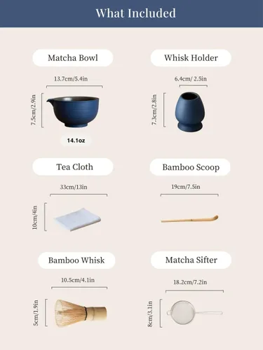 Miniatura 9 de Juego de 6 batidores japoneses de matcha, hecho a mano con cuenco (chawan), batidor de bambú (Chasen) y soporte, cuchara, tamiz y toalla de té, kit