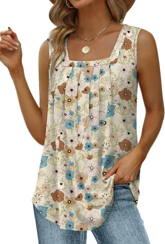 Miniatura 186 de Saloogoe - Camisetas sin mangas veraniegas para mujeres, plisadas con cuello cuadrado y dobladillo curvado, blusas de ajuste holgado con movimiento