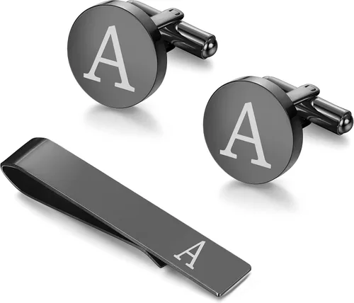 LOYALLOOK Juego de gemelos negros con inicial y clip de corbata para hombre, gemelos de cobre personalizados y barra de corbata, letras del alfabeto