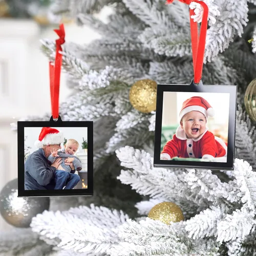 Miniatura 15 de UNIQOOO 8 adornos de marcos de fotos de acrílico negro de Navidad para mostrar fotografías, 2.5 x 2.5 pulgadas decoración colgante festiva, marcos