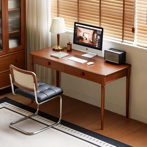 Miniatura 5 de YESWOOD Escritorio de madera maciza con cajones, escritorio de oficina moderno de mediados de siglo, escritorio de computadora con 2 cajones