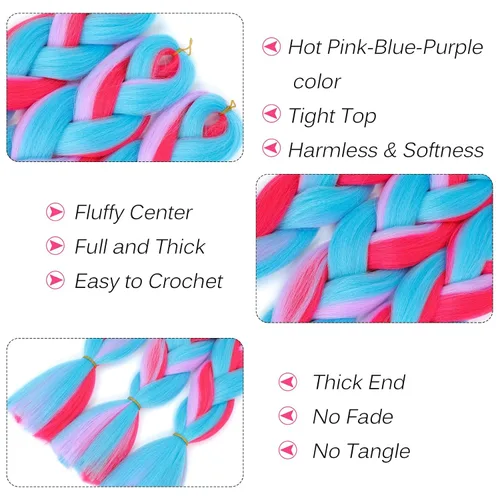 Miniatura 3 de 3 piezas de cabello trenzado de color azul y rosa para niña, cabello de color para trenzar de 24 pulgadas (rosa intenso-azul-morado)