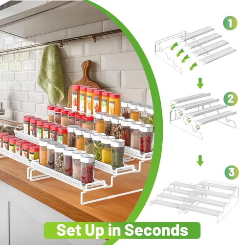 Miniatura 2 de Organizador de especias ajustable de 4 niveles para gabinete, color blanco (2 piezas S & L), estante de especias expandible con barandilla