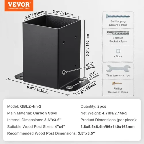 Miniatura 7 de VEVOR Base para Poste 4x4 2 Piezas, Tamaño Interior 3.6"x3.6" Soportes de Base para Poste, Anclaje de Poste de Servicio Pesado con Recubrimiento
