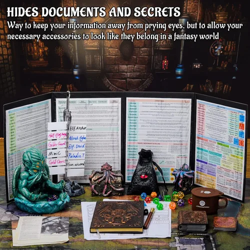 Miniatura 2 de CZYY DND Pantalla de Dungeon Master de Cuatro Paneles con Bolsillos, Cuero Sintético con Relieve 3D con Cthulhu - Incluye Insertos de Pantalla DM