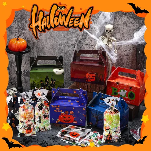 Miniatura 3 de ReliThick Paquete de 80 cajas de golosinas de Halloween con bolsas de celofán, cajas de dulces de galletas para golosinas de fantasma, bolsa