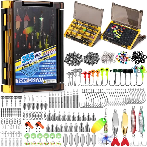 TOPFORT Kit de 187/343 piezas de accesorios de pesca, Caja de aparejos de pesca organizada con aparejos incluidos, anzuelos de pesca, pesas de Kit