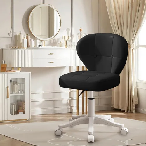 Miniatura 5 de Silla pequeña de oficina con soporte lumbar, silla de escritorio giratoria sin brazos de piel sintética de altura ajustable, silla compacta con Negro