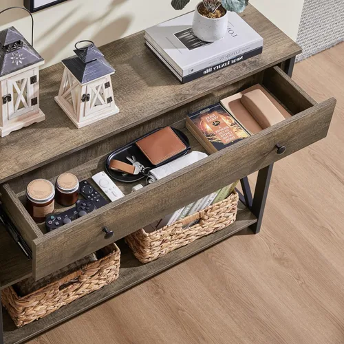 Miniatura 4 de Yaheetech - Mesa de consola con cajón y 2 estantes abiertos de almacenamiento, mesa de sofá para sala de estar, mesa estrecha de 3 niveles