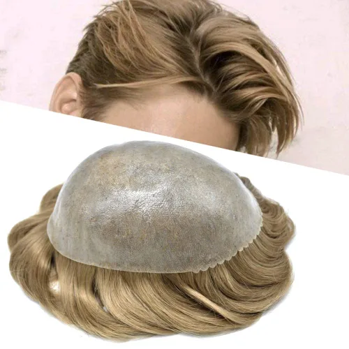Miniatura 67 de Toupee para hombres de piel fina inyección de PU unidad de peluca para hombre, pieza de cabello humano natural real, sistema de repuesto
