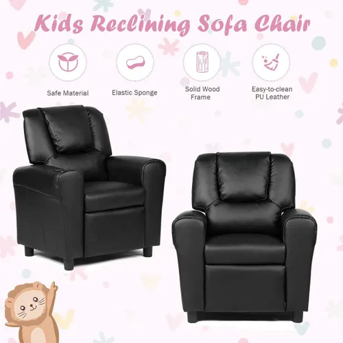 Miniatura 7 de ARLIME Silla reclinable para niños, sillón tapizado con soporte para tazas, respaldo, sofá de cuero para bebé con reposacabezas y reposapiés, Negro