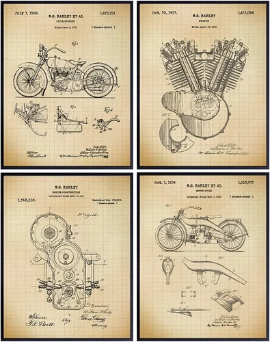 Juego de arte de pared de patentes de motocicleta, impresiones de póster de patentes, decoración vintage para el hogar, para guarida, cueva de