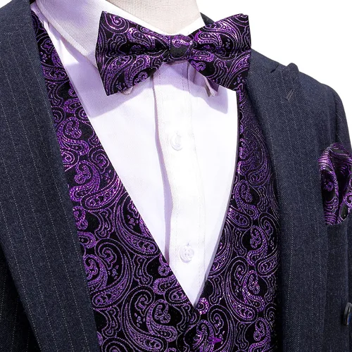 Miniatura 3 de Barry.Wang Conjunto de chaleco de pajarita para hombre, chaleco con cuello en V de seda jacquard de cachemira, gemelos de pañuelo formal/ocio, boda