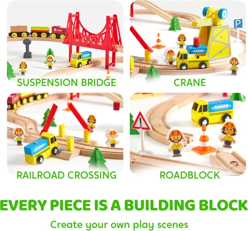 Miniatura 6 de Juego de trenes de madera de 60 piezas, trenes magnéticos de juguete con pista de madera para niños de 3 a 8 años, juego de tren de grúa