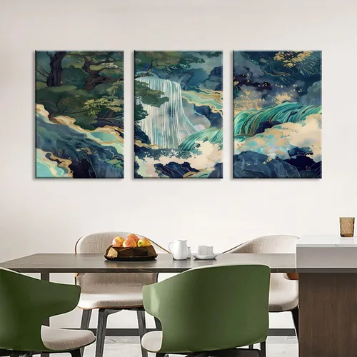 Miniatura 3 de 3 piezas de lienzo japonés enmarcado para pared, pintura de paisaje de cascada grande, póster impreso en lienzo envolvente, obra de arte