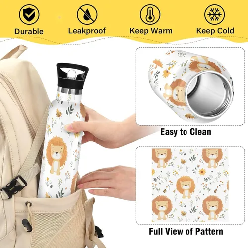 Miniatura 4 de Botella de agua aislada con popote Kawaii Lion White de doble pared aislada al vacío ligera para deportes, gimnasio, viajes al aire libre, escuela 01