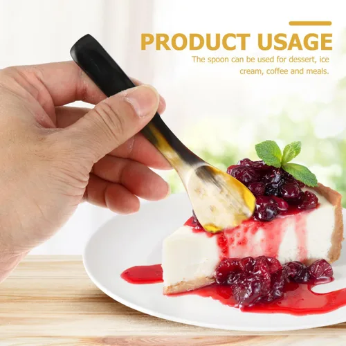 Miniatura 2 de Hemoton Juego de 3 cucharas de cuerno de buey de 5.70 pulgadas para postre de cuerno natural para café, té, helado, pastel y utensilios para servir