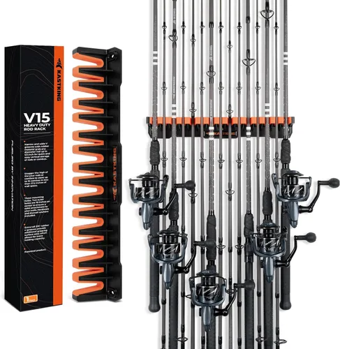 KastKing V15HD Soporte vertical para caña de pescar resistente – Soporte para caña de pescar montado en la pared, almacena 15 cañas grandes o combos