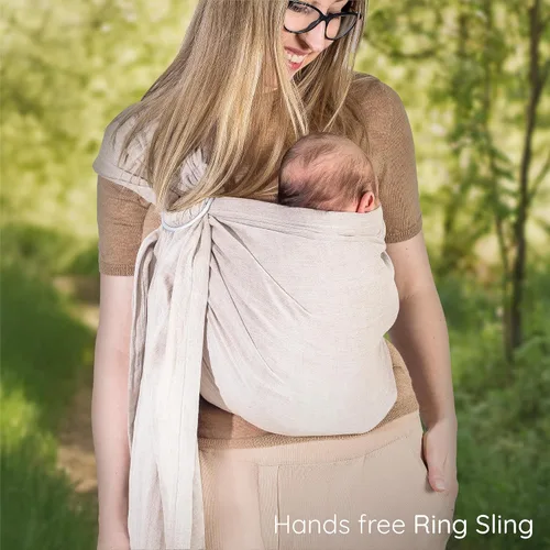 Miniatura 9 de Portabebés con Eslinga de Anillo - Probado en Laboratorio de EE. UU., 100% Algodón Muslin Natural, Eslinga de Anillo transpirable y ergonómica Beige