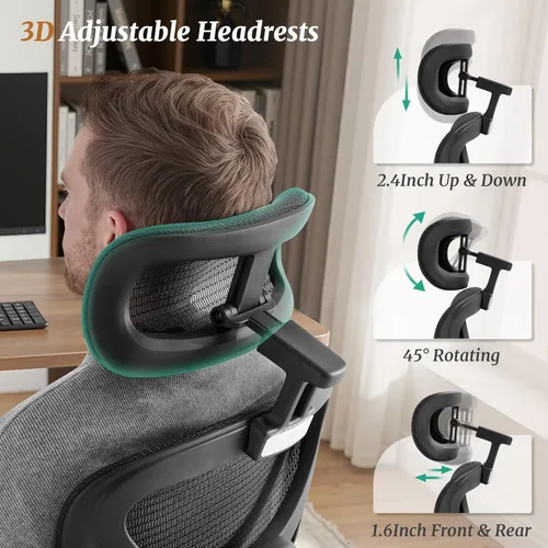Miniatura 7 de Cozyman Silla de oficina ergonómica con reposapiés, soporte lumbar ajustable de 5 niveles y reclinación de 90-135°, reposacabezas 3D y reposabrazos