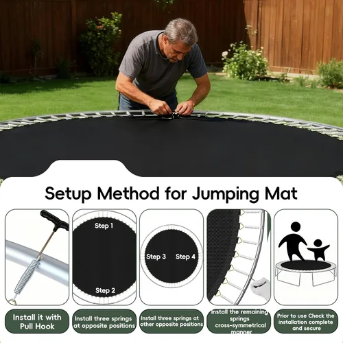 Miniatura 4 de Alfombrilla de repuesto para cama elástica, alfombrilla de 12.6 pies de diámetro con 72 anillos, se adapta a trampolines de 14 pies y resorte de 5.3