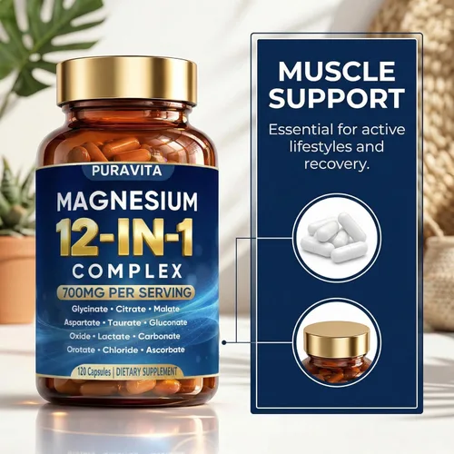 Miniatura 5 de Puravita Cápsulas complejas de magnesio 12 en 1, mezcla de alta absorción de 700 mg con glicinato, citrato, malato, óxido y taurato. Apoya