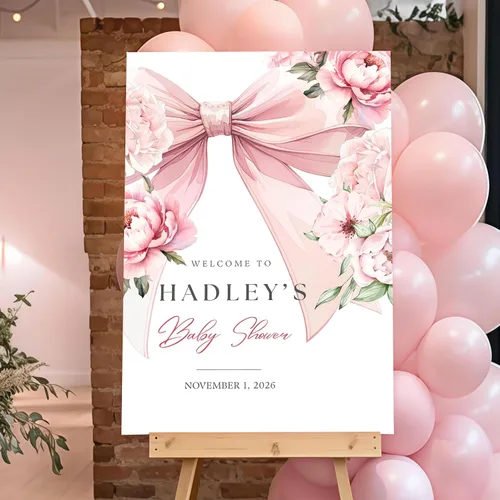 Miniatura 2 de Letrero de bienvenida personalizado con lazo rosa, editable imprimible para fiesta de bebé, letrero de baby shower con lazo rosa #12 Baby Shower #12