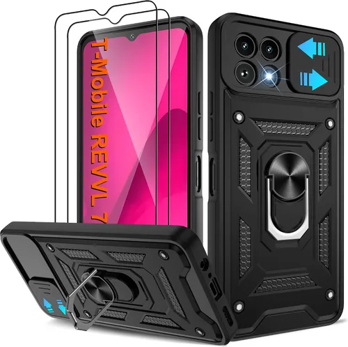 Miniatura 95 de ATUMP Funda para T-Mobile Revvl V Plus 5G con protector de pantalla HD con cubierta de cámara deslizante, soporte de anillo de rotación de 360° Negro