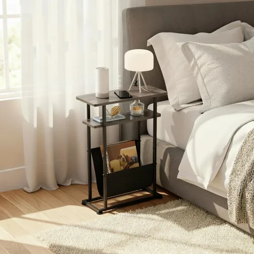 Miniatura 6 de Mesa auxiliar estrecha y pequeña para espacios pequeños, mesa auxiliar delgada con revistero, mesa auxiliar estrecha para sala de estar, sofá, Gris