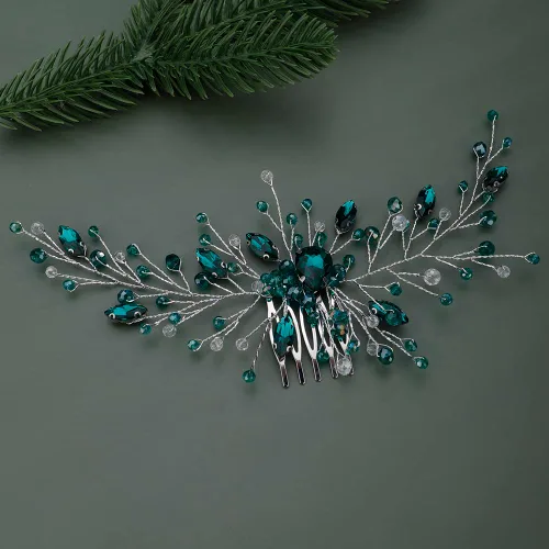 Miniatura 4 de Teyglen Peines delicados para el cabello de boda, color dorado y plateado, con diamantes de imitación verdes, peine lateral de cristal, accesorios