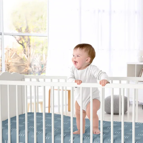 Miniatura 2 de Sweet Jojo Designs Azul oscuro Boho Mudcloth Sábana bajera para cuna para niño o niña, cama de bebé, cuarto de bebé, color azul pizarra y blanco