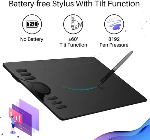 Miniatura 4 de HUION Tableta de Dibujo HS610 Tableta Gráfica con Lápiz Óptico Sin Batería 8192 Presión del Lápiz Función de Inclinación, 10x6.25 Pulgadas Arte