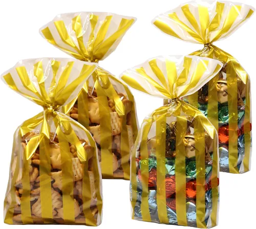 WOKawaiYo HOPEMT - 200 bolsas de plástico translúcidas de rayas doradas/bolsas de celofán con 100 lazos dorados para galletas, pasteles, chocolate,
