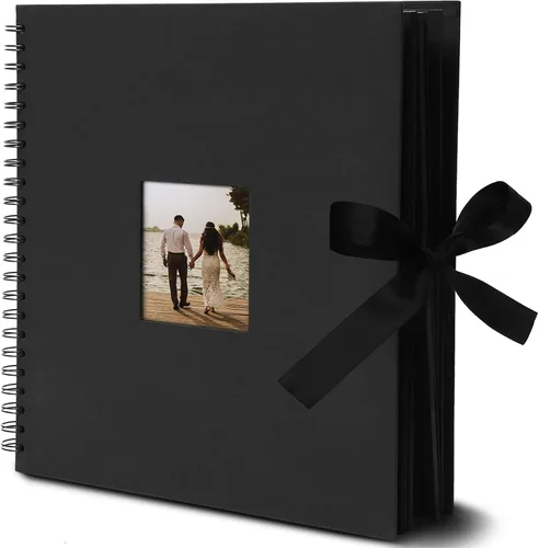 Juvale Álbum de recortes encuadernado en espiral, cubierta de cinta de seda para álbum de recortes de boda, álbumes de fotos de papel negro de tapa